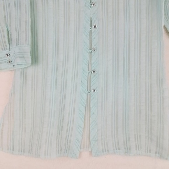 JH Collectibles Womens Blouse S Green Stripe 3/4 Sleeve Semi Sheer Button Shirt - Picture 4 of 10